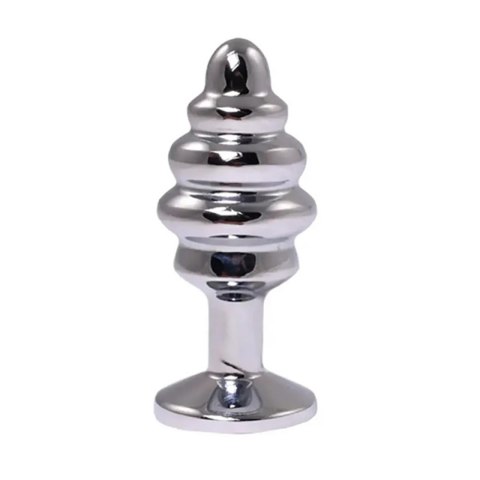 Silver medium ribbed butt plug with pink crystal Silver medium ribbed butt plug with pink crystal