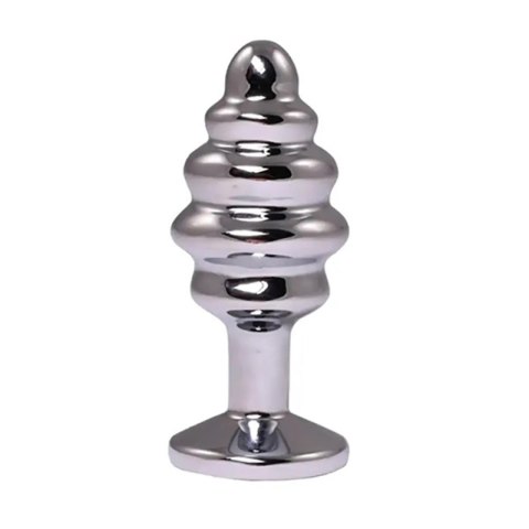 Silver medium ribbed butt plug with white crystal Silver medium ribbed butt plug with white crystal