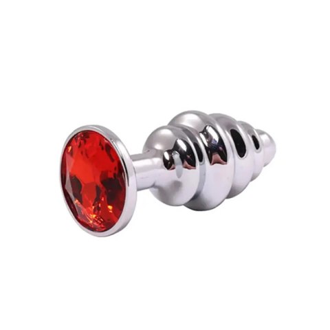 Silver small ribbed butt plug with red crystal Silver small ribbed butt plug with red crystal