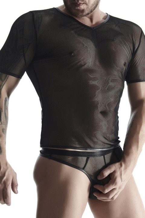 Męski komplet z elastycznej siatki: t-shirt w serek, stringi XL Męski komplet z elastycznej siatki: t-shirt w serek, stringi XL