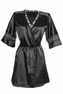 Sensuality Kimono krotki satynowy szlafrok z koronką czarny