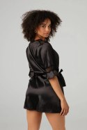 Sensuality Kimono krotki satynowy szlafrok z koronką czarny