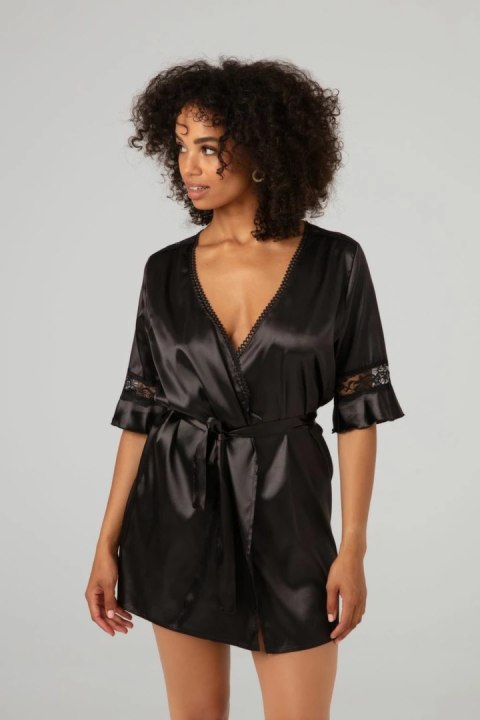 Sensuality Kimono krotki satynowy szlafrok z koronką czarny Sensuality Kimono krotki satynowy szlafrok z koronką czarny
