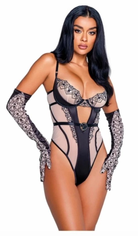 Playboy Bunny Kiss Body - haft serca, czarny tiul, satyna, S-L