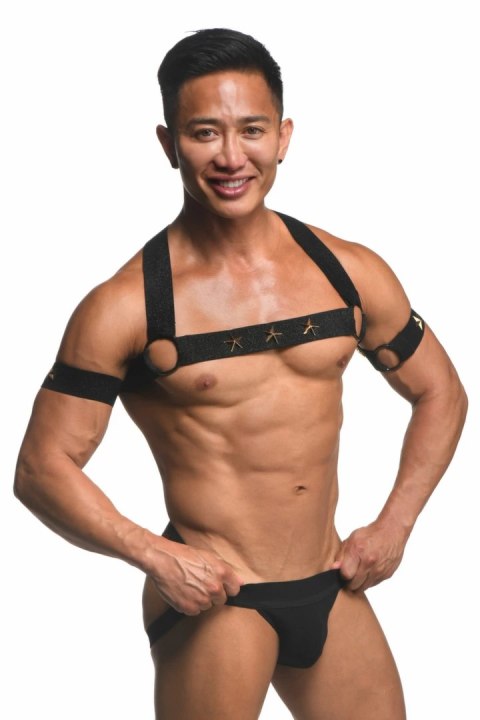 XR Brands Chest Harness z opaskami na ramiona czarny uniwersalny XR Brands Chest Harness z opaskami na ramiona czarny uniwersalny